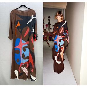 Akris Ready-to-Wear Runway Silk Flutter Brown Geometric Maxi Dress